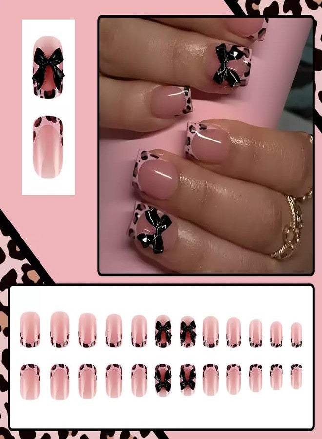 CTTHNBD Short Press on Nails Square Fake Nails French Tip False Nails with Leopard Print Design Acrylic Nails 3D Bow Charms Glue on Nails Glossy Full Cover Stick on Nails for Women Manicure 24Pcs - Image 2